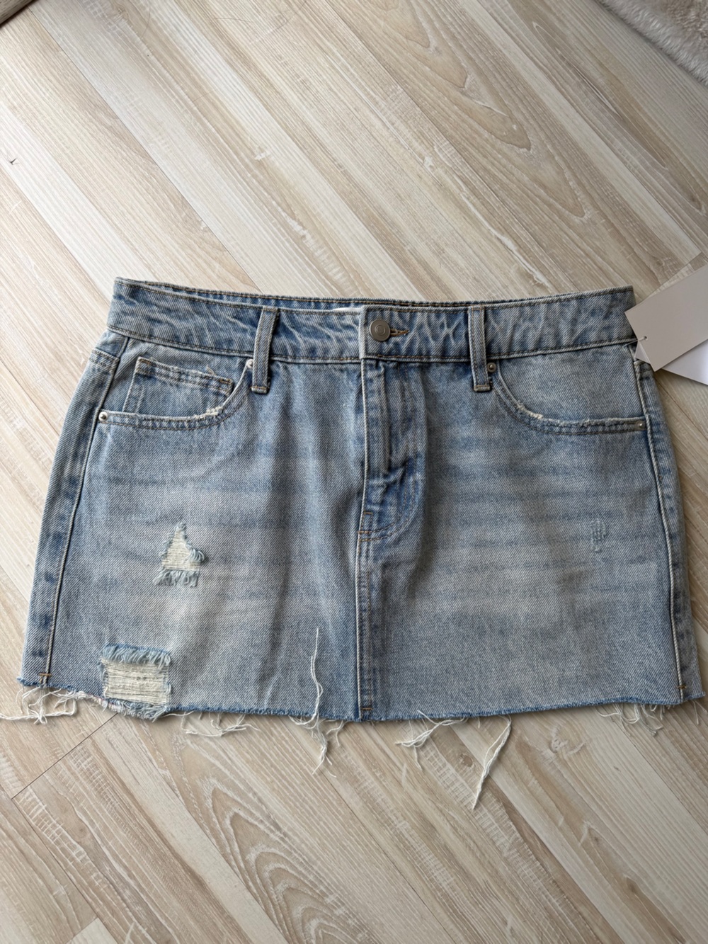 Seven7 Light Blue Distressed Denim Mini Skirt